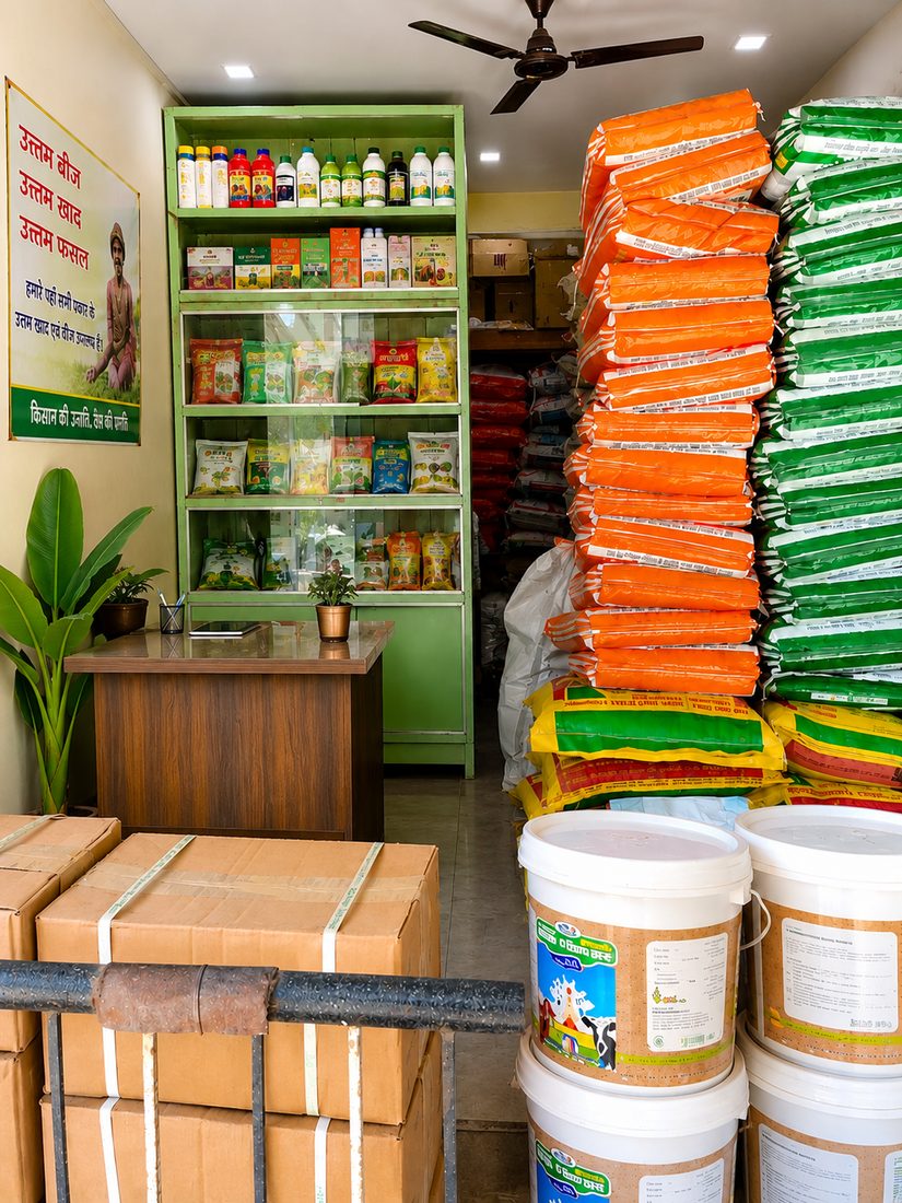 SCT Vedic fertilizer stock and stocked shelves inside Mauli Agro Agency, Aurad